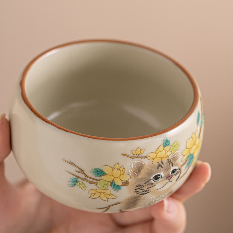 Japanische Teetasse Katze Blüten Hase Keramik Gaiwan
