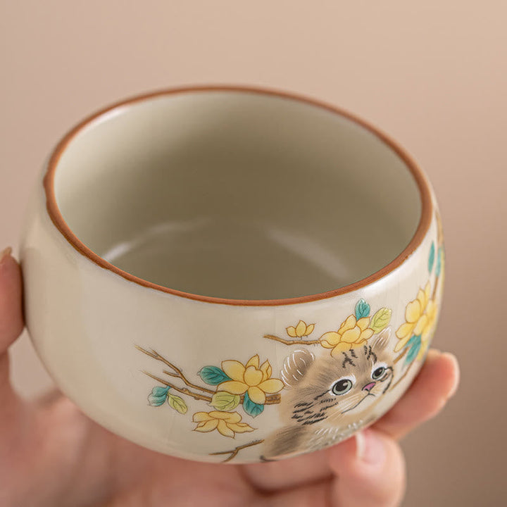 Japanische Teetasse Katze Blüten Hase Keramik Gaiwan