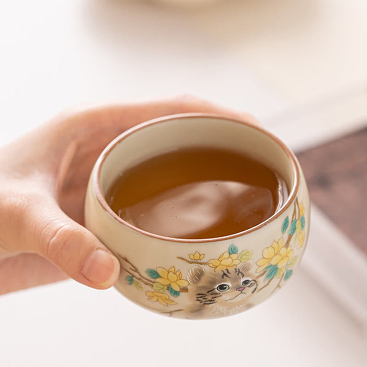 Japanische Teetasse Katze Blüten Hase Keramik Geschenk