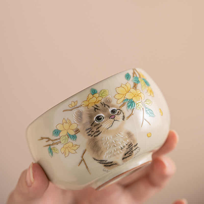 Japanische Teetasse Katze Blüten Hase Keramik Porzellan