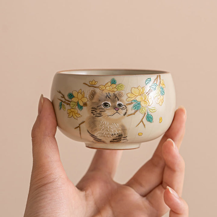 Japanische Teetasse Katze Blüten Hase Keramik Teezeremonie