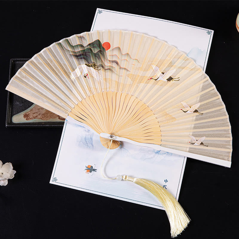 Japanischer Fächer Kranich Wolken Bambus Geschenk