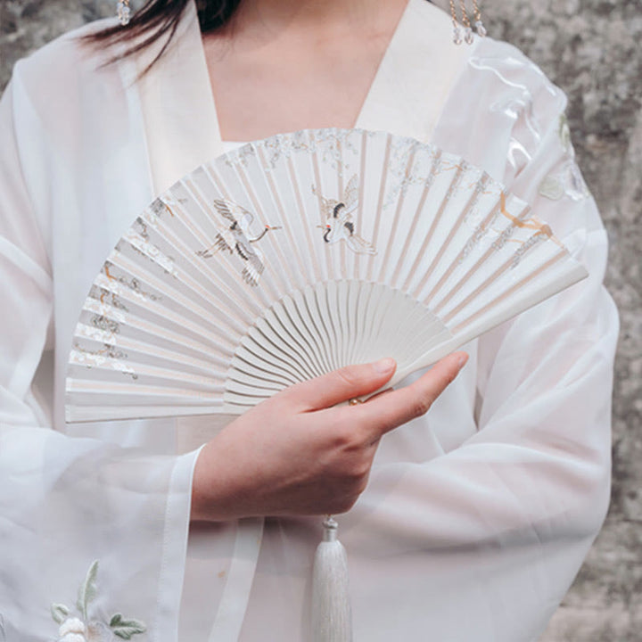 Japanischer Faltfächer Kranich Pflaumenblüte Seide