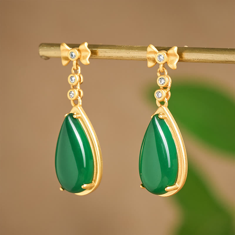 Ohrringe Grüner Jaspis Tropfen Gold Schleife elegant Boho Schmuck spirituell