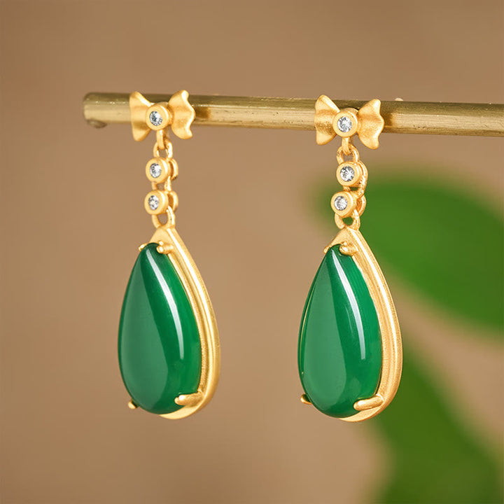 Ohrringe Grüner Jaspis Tropfen Gold Schleife elegant Boho Schmuck spirituell