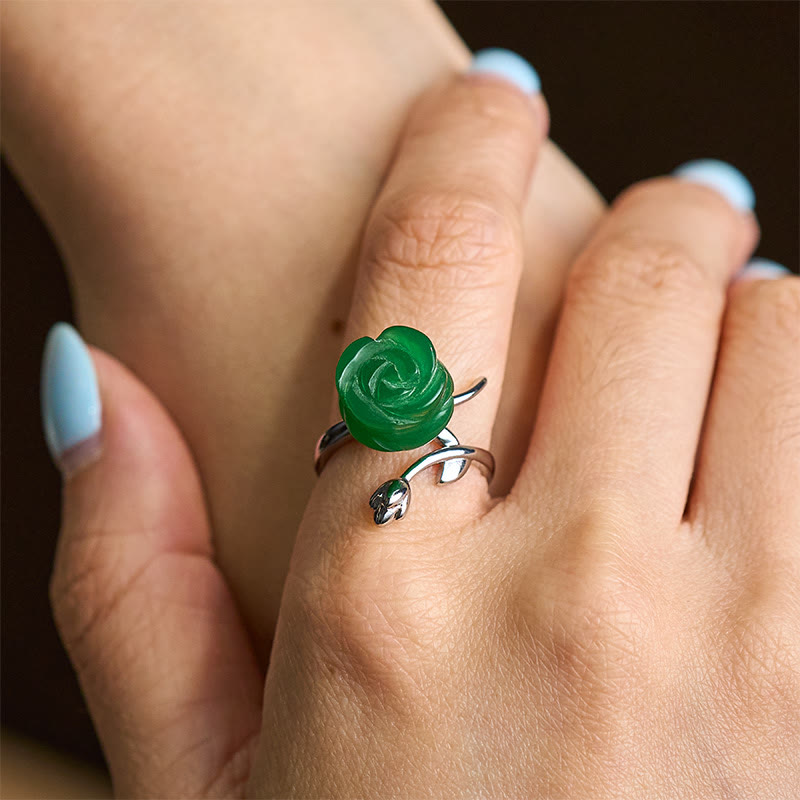 Grüner Jade Rosen Ring Silber mit Blättern Schmuck Balance