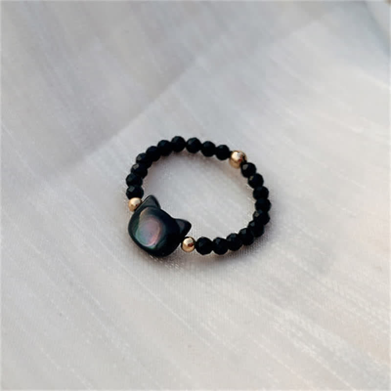 Ring Tridacna Katze Armband schwarze Perlen goldene Spacer Fengshui Segen