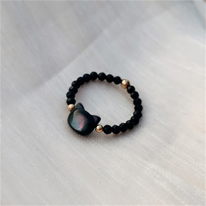 Ring Tridacna Katze Armband schwarze Perlen goldene Spacer Fengshui Segen