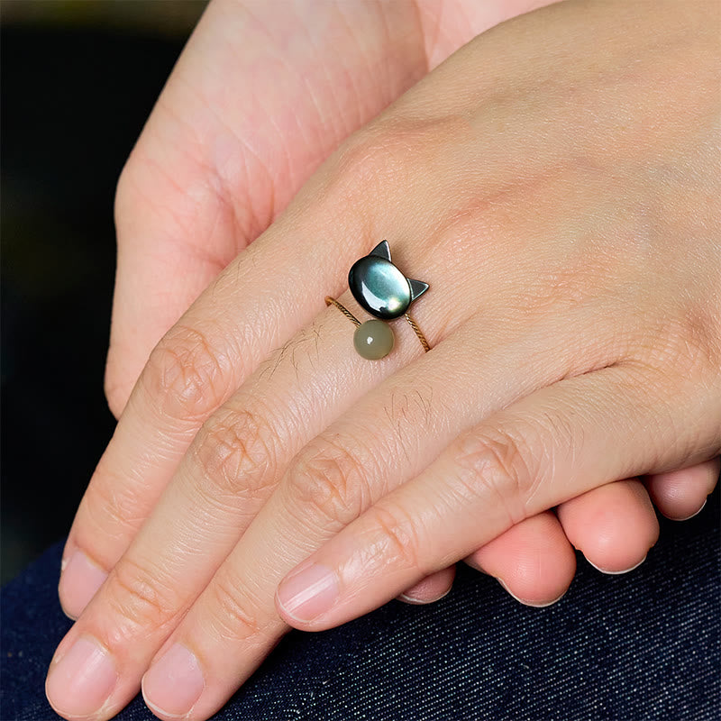 Ring Schwarze Tridacna Jade Katze Segen Glück Fengshui Schutz Fingerring