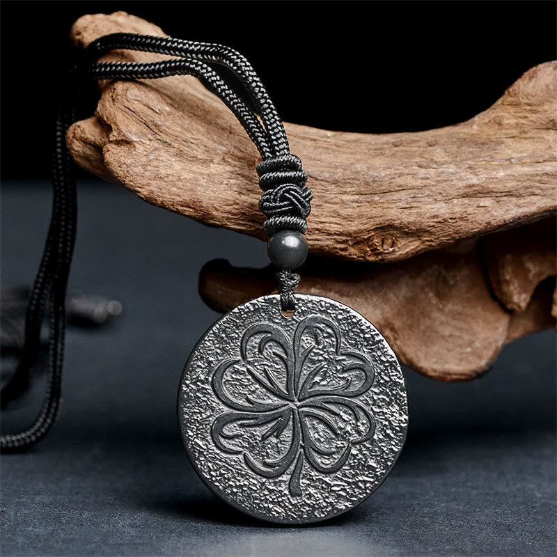 Shungit Kette Kleeblatt Anhänger schwarze Kordel Naturstein Schutz