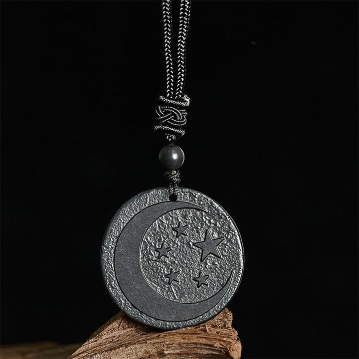 Silberne Kette mit Mond Stern Anhänger Shungit Schutzstein Naturstein