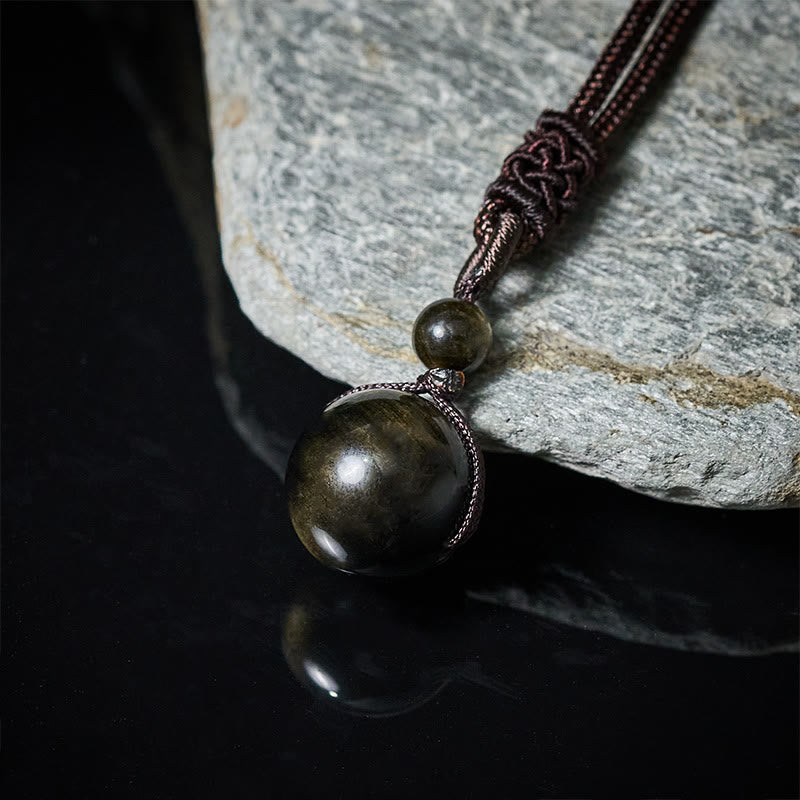 Obsidian Tigerauge Kette mit Kugel Anhänger Naturstein getragen