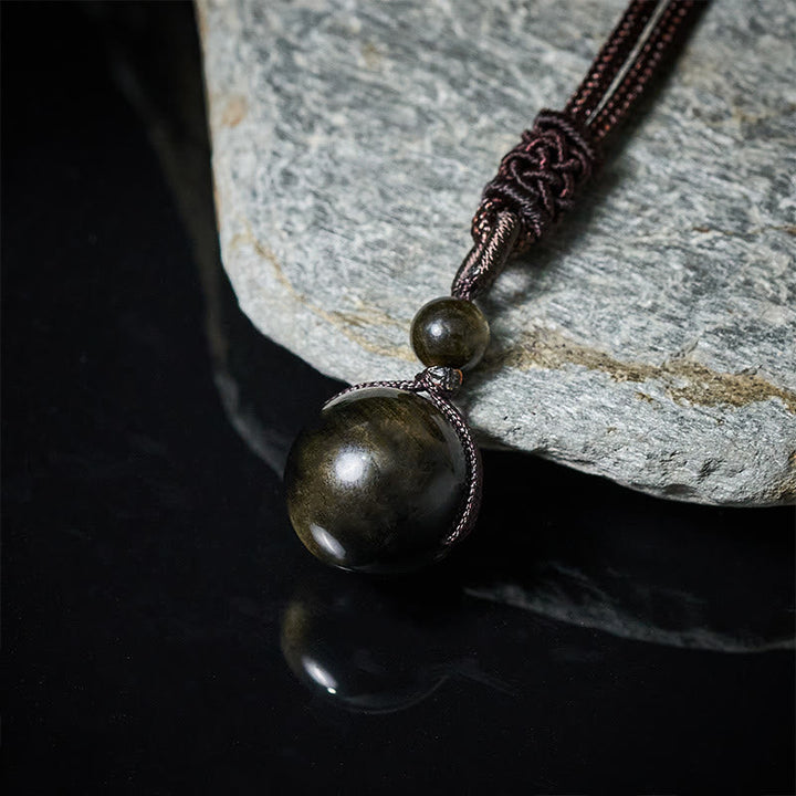 Obsidian Tigerauge Kette mit Kugel Anhänger Naturstein getragen