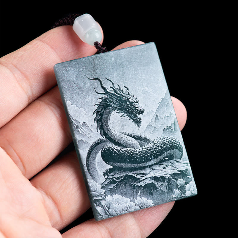 Kette Jade Gravur Chinesischer Zodiak Drache Fülle Naturstein Anhänger