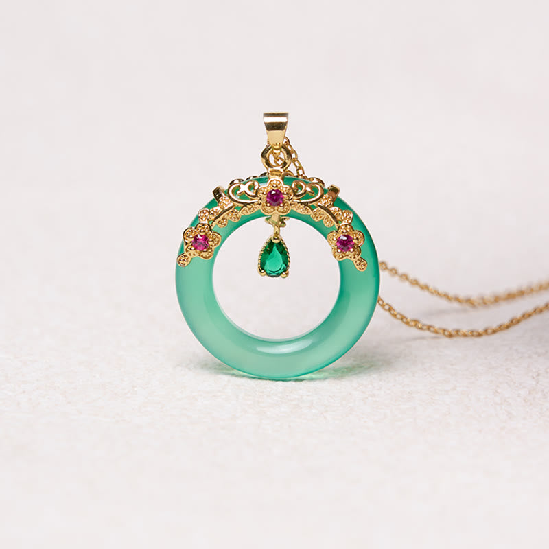 Kette Grüner Chalzedon Buddha Schnalle Frieden goldenes Schmuck-Set