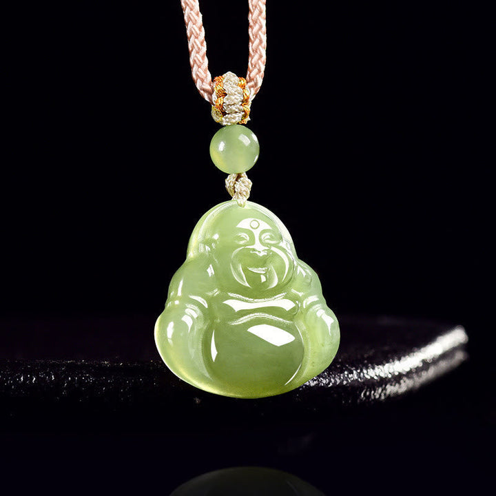 Grüne Jade Kette mit Lachender Buddha Anhänger für Wohlstand
