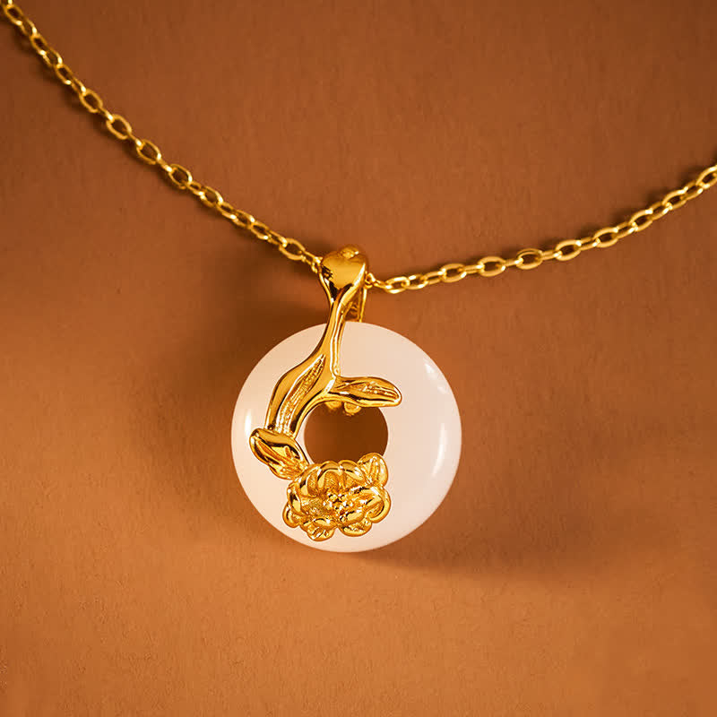 Hetian Jade Kette mit goldenem Pfingstrose Anhänger Frieden Naturstein