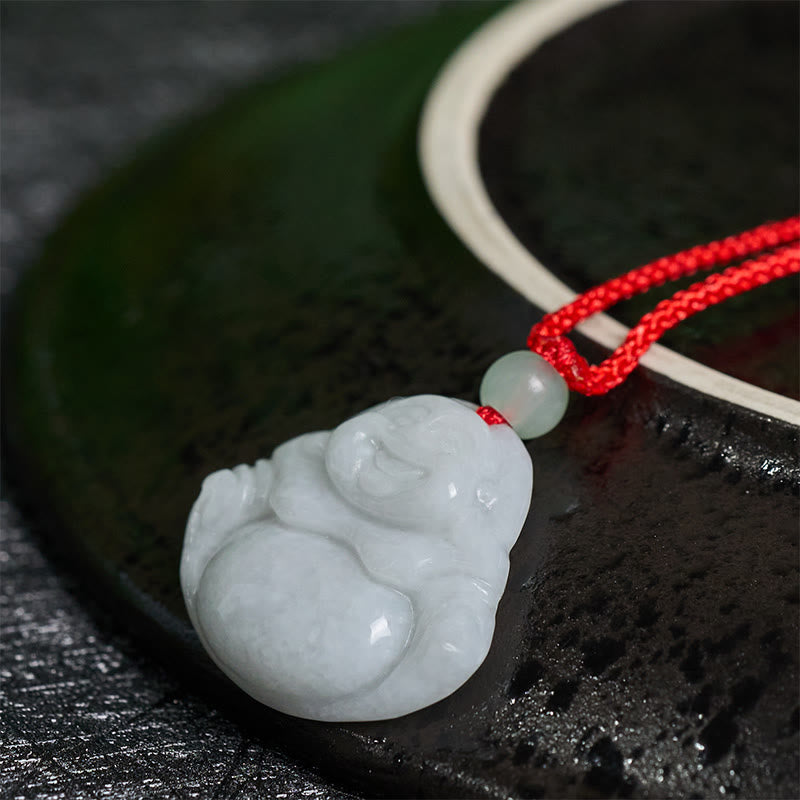 Jade Kette Lachender Buddha Anhänger auf roter Schnur Wohlstand