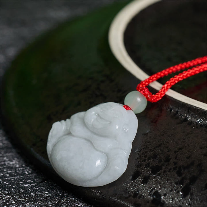Jade Kette Lachender Buddha Anhänger auf roter Schnur Wohlstand