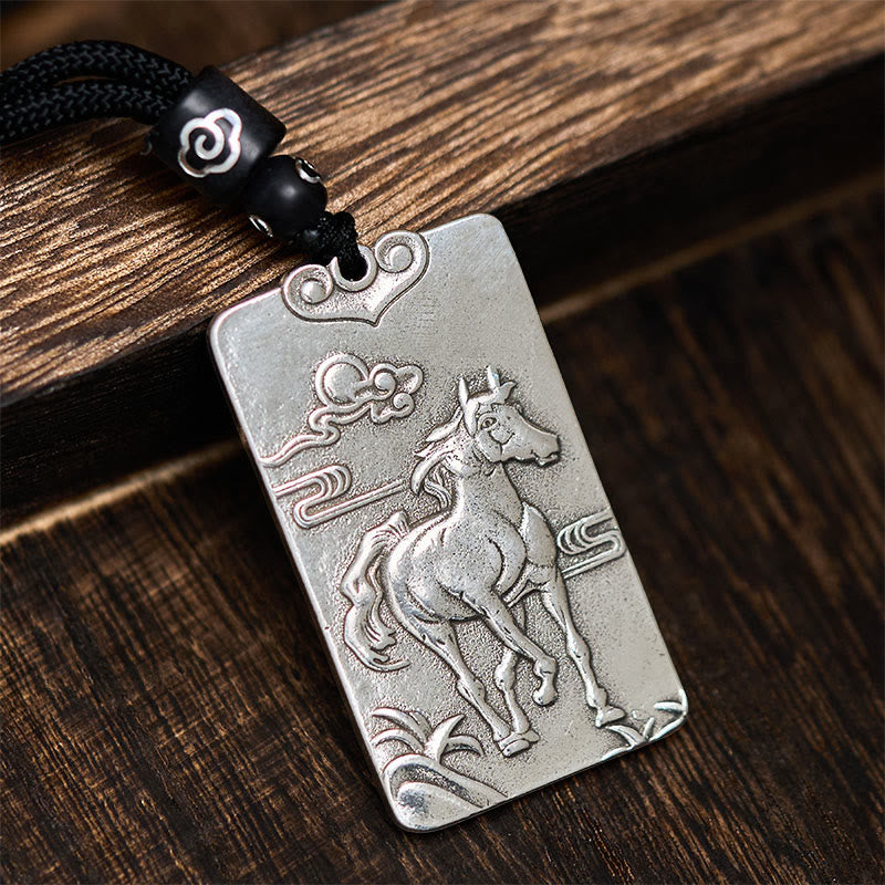 Silber Pferd Anhänger Kette mit schwarzem Stein Tierkreis Balance