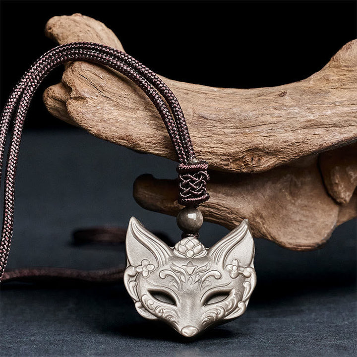 Obsidian Kette mit Fuchs-Relief Anhänger Schutz Naturstein Schmuck