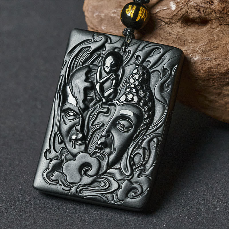 Schwarzer Obsidian Kette mit aufwendigem Buddha-Relief Anhänger Stärke