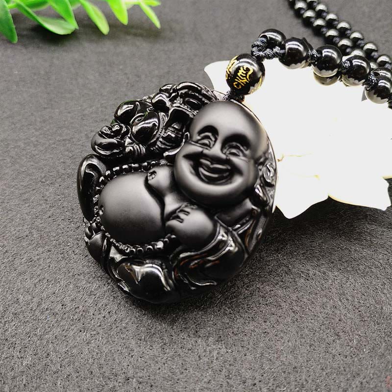 Schwarzer Obsidian Lachender Buddha Kette mit Naturstein Perlen Anhänger