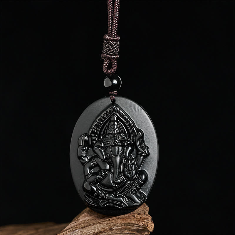 Schwarzer Obsidian Ganesha Kette Natur Stärke Anhänger Halskette