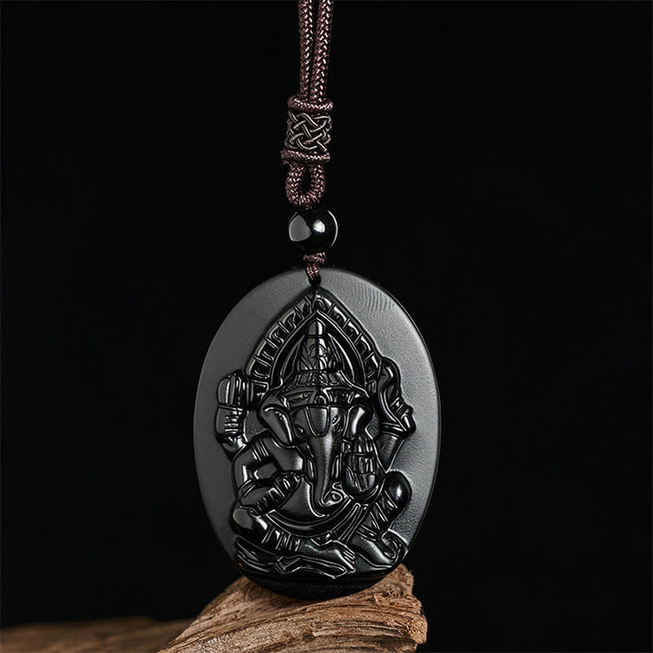Schwarzer Obsidian Ganesha Kette Natur Stärke Anhänger Halskette