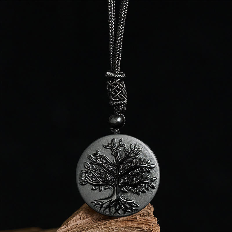 Schwarze Obsidian Kette Lebensbaum Anhänger schwarzer Stein Transformation elegant
