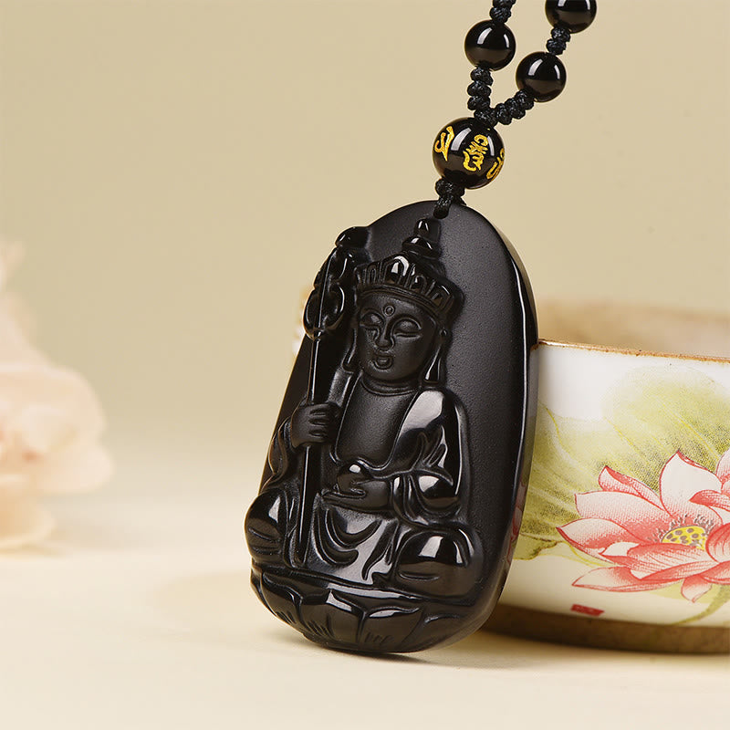Obsidian Kette mit schwarzem Ksitigarbha Buddha Anhänger Erfüllung Naturstein