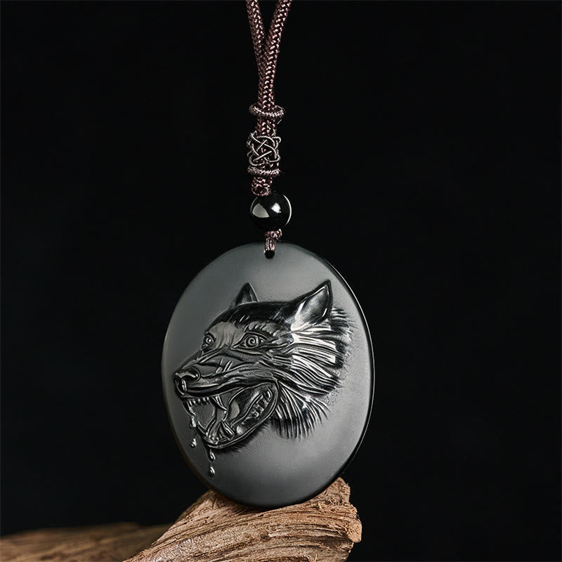 Schwarzer Obsidian Wolf Kette Naturstein Anhänger Kraft Stärke Spirituell