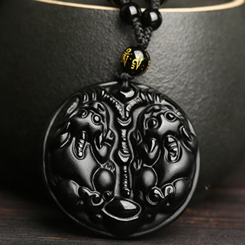 Obsidian Kette schwarzer Pixiu Doppel Anhänger an schwarzer Kordel