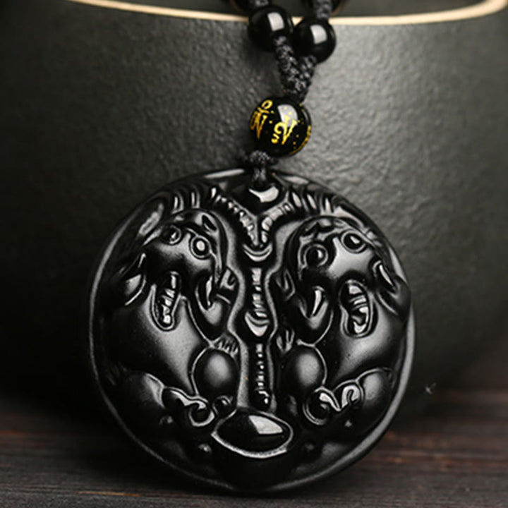 Obsidian Kette schwarzer Pixiu Doppel Anhänger an schwarzer Kordel