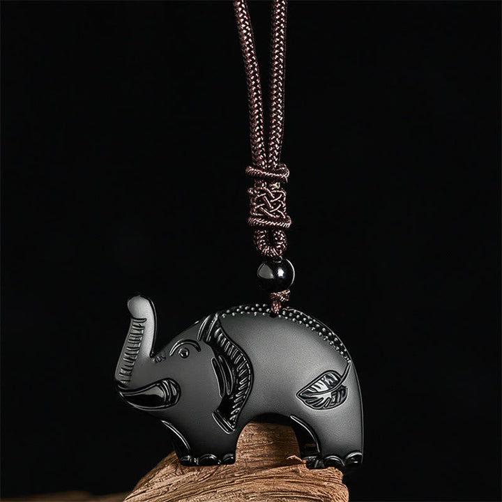 Schwarzer Obsidian Elefant Kette Geschnitzt Stärke Kraft Anhänger