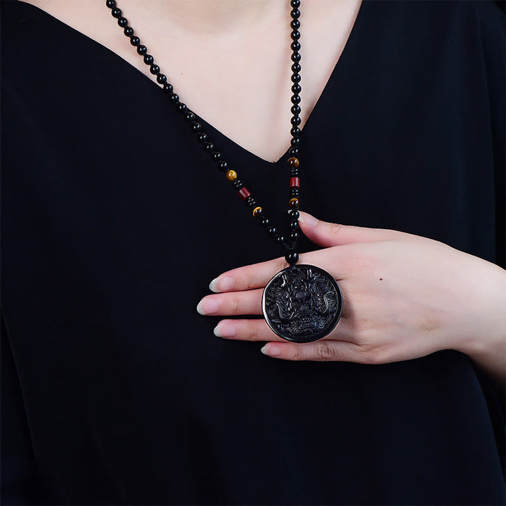 Obsidian Kette Schwarzer Drachen Anhänger Erfüllung Naturstein Pendant