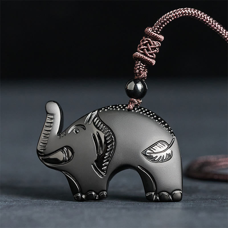 Kette Schwarzer Obsidian Elefant Geschnitzt – Stärke