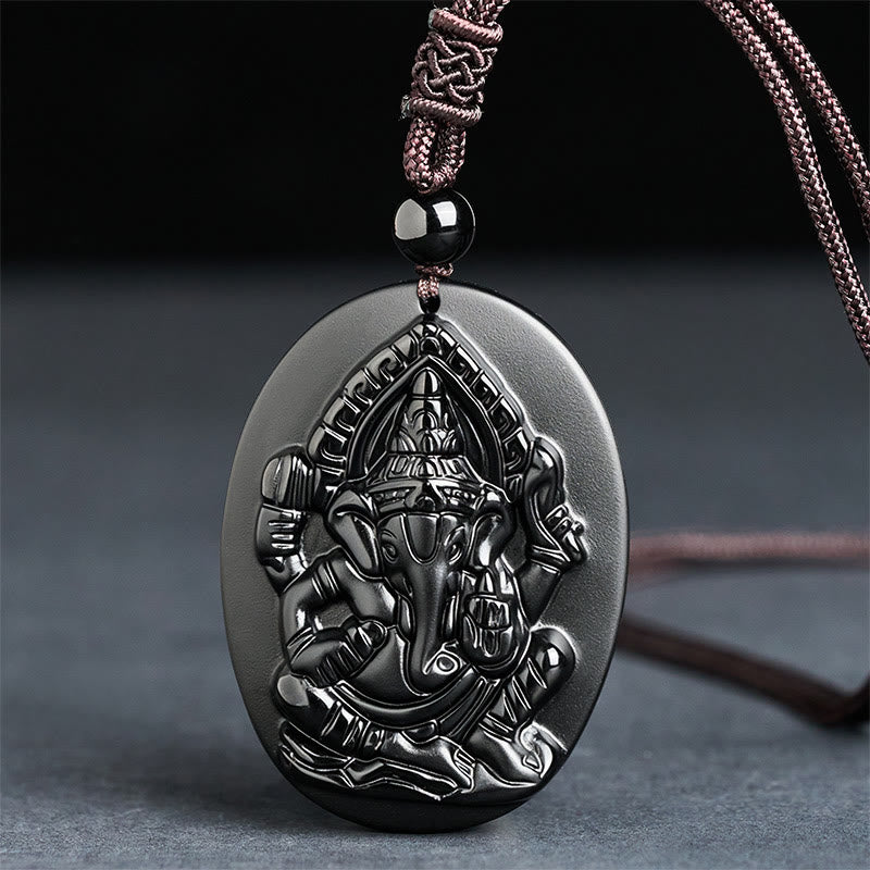 Kette Schwarzer Obsidian Ganesha Natur – Stärke