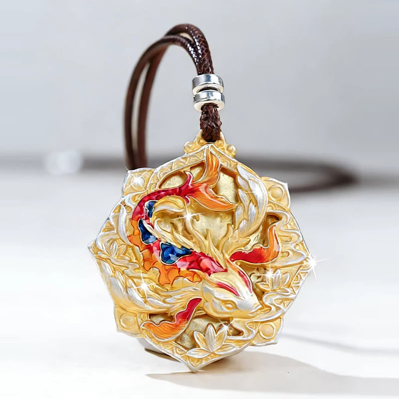 Koi-Fisch Anhänger Sterlingsilber Gold an brauner Kette Glück