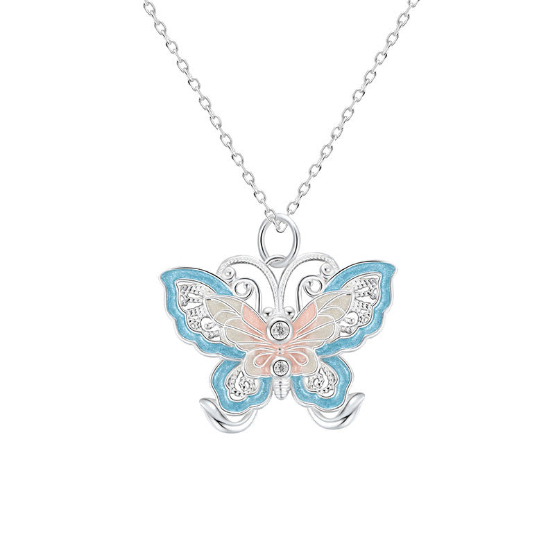 Blauer Schmetterling Kette Sterlingsilber Emaille Anhänger Halskette