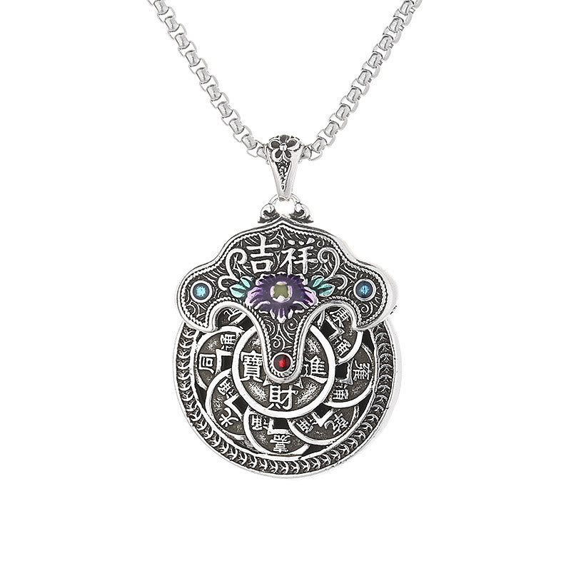 Silberkette mit dekorativem Münzanhänger Amethyst Stein asiatisches Wohlstandssymbol