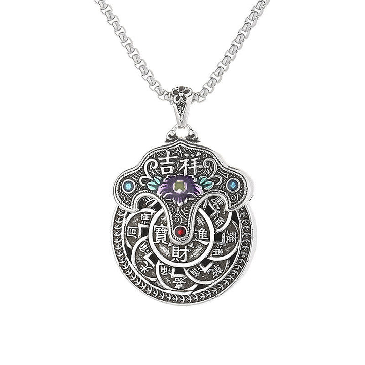 Silberkette mit dekorativem Münzanhänger Amethyst Stein asiatisches Wohlstandssymbol