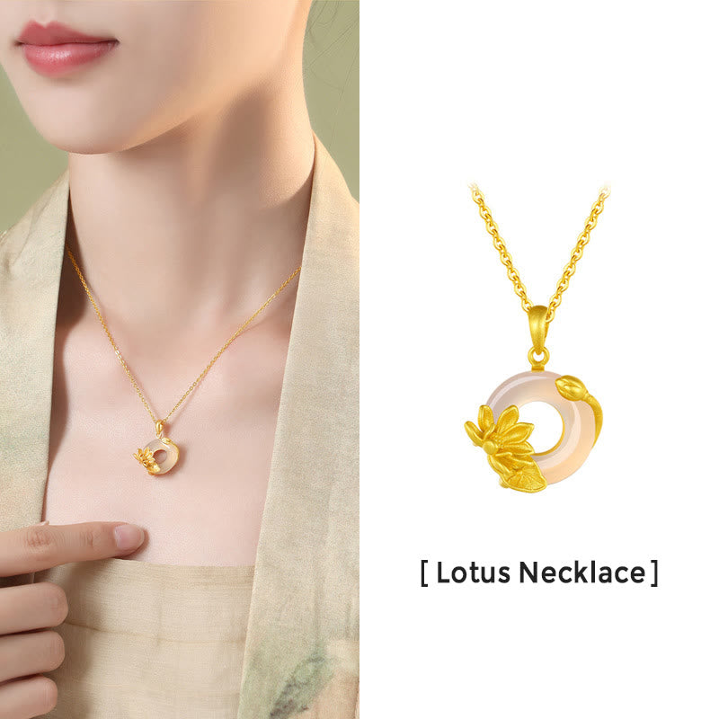 Goldene Lotus Kette mit weißem Chalzedon Anhänger Friedensschnalle