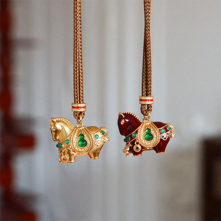 Kupfer Kette mit Buddha Elefanten Anhängern grünen Steinen elegant