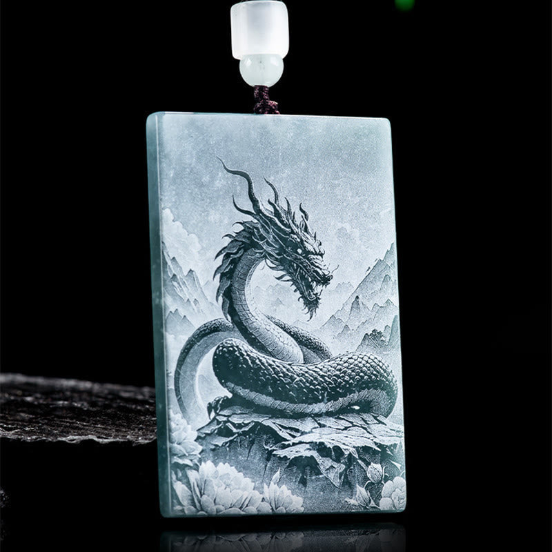 Grüne Jade Kette mit Drachen Gravur chinesischer Zodiak Naturstein Anhänger