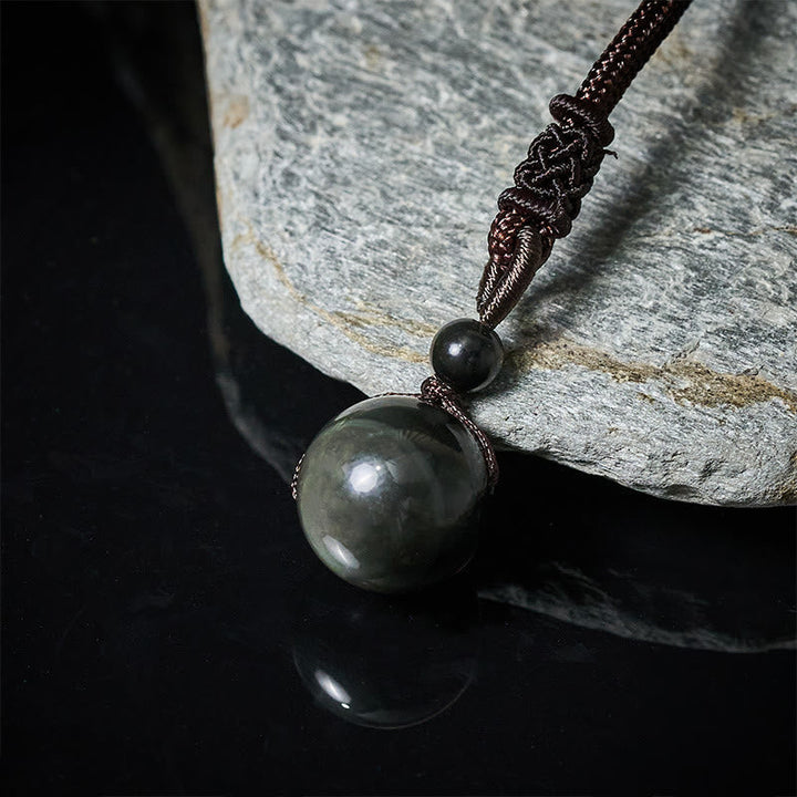 Schwarze Obsidian Tigerauge Kette mit großem Anhänger Regenbogen Naturstein