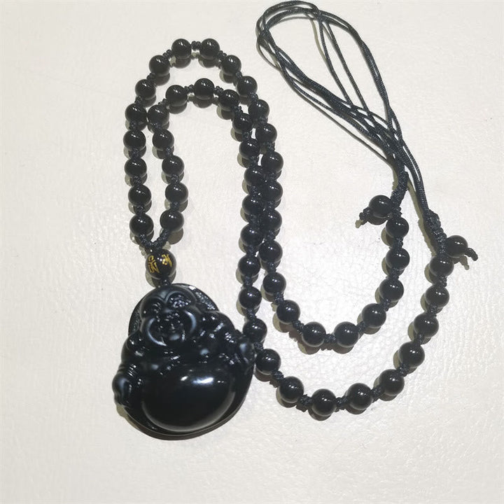 Schwarzer Obsidian Kette mit Lachender Buddha Anhänger Naturstein Perlen