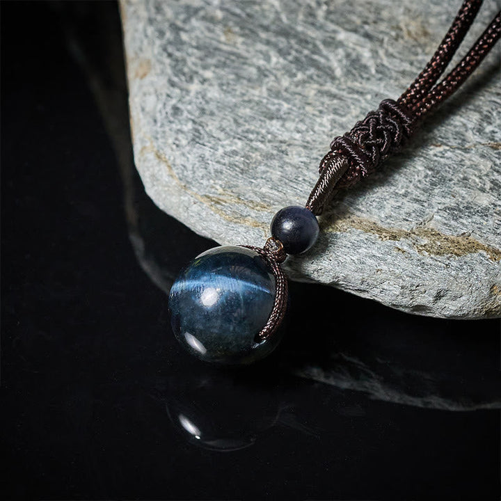 Blauer Tigerauge Anhänger Kette Naturstein mit brauner Schnur