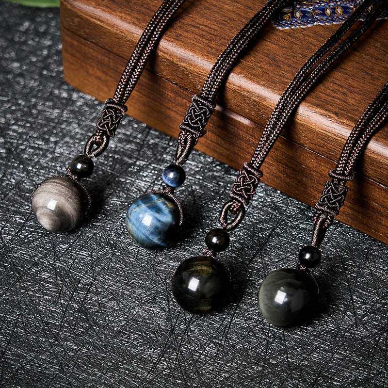 Kette Tigerauge Obsidian Naturstein Anhänger mit schwarzem Textilband