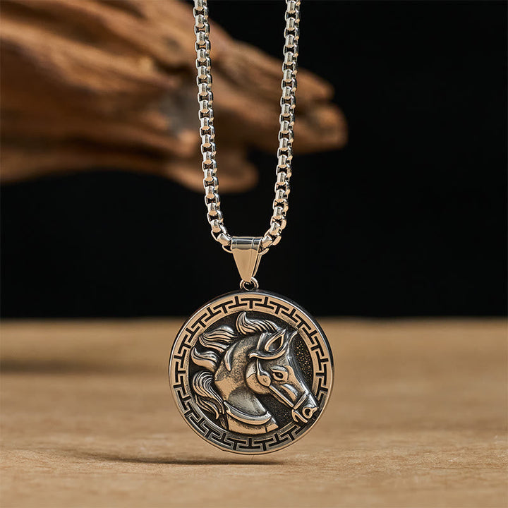 Kette Titanstahl Pferd Balance Anhänger silberner Medaillon griechische Muster